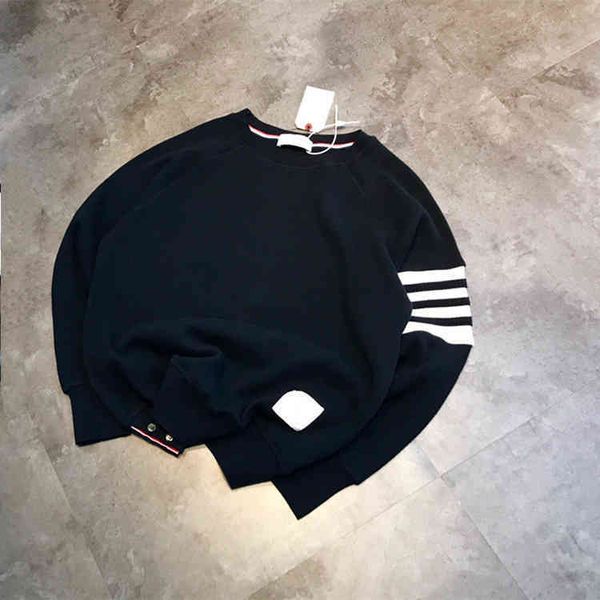 family waffle 4-bar ribbon long sleeve men's and women's casual round neck pullover, Black