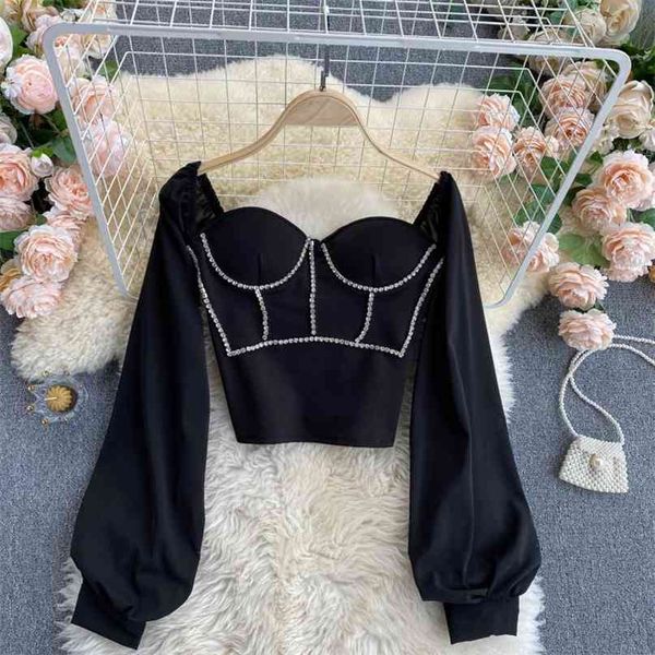 cropped blouse fashion women's shirt black white square collar puff sleeve pleated elastic back short 210603
cropped blouse fashion women's shirt black white square collar puff sleeve pleated elastic back short 210603