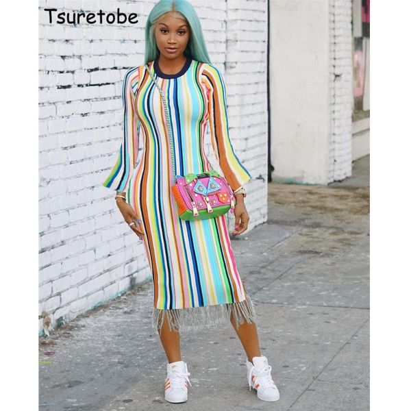 casual dresses tsuretobe fashion color stripe print midi dress tassel women long sleeve party o-neck vestidos mujer outfits female, Black;gray
casual dresses tsuretobe fashion color stripe print midi dress tassel women long sleeve party o-neck vestidos mujer outfits female, Black;gray