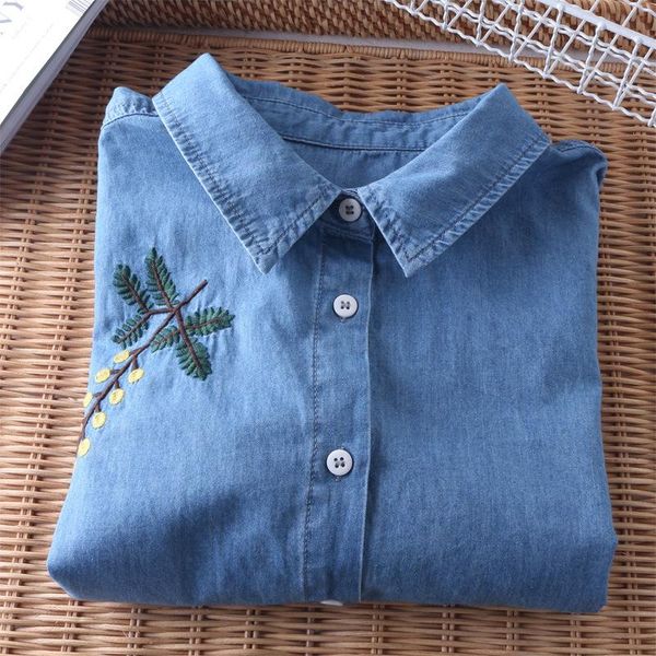 women's blouses & shirts retro early autumn classic lapel embroidery was thin denim shirt washed soft wild base women, White
women's blouses & shirts retro early autumn classic lapel embroidery was thin denim shirt washed soft wild base women, White