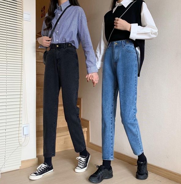 women's jeans early autumn korean style elastic waistband personality, Blue