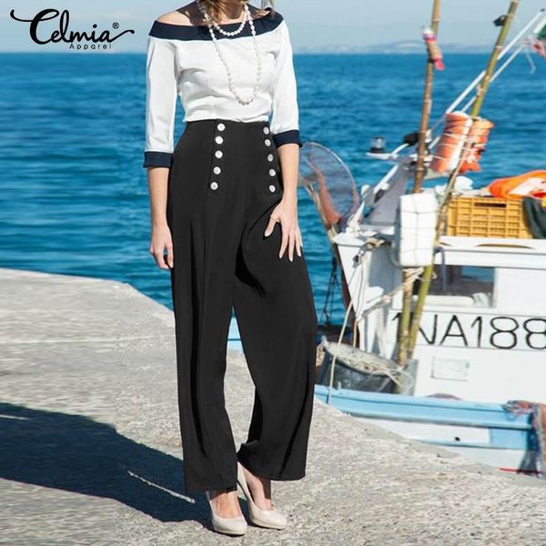 women's pants & capris celmia 2021 summer elegant women black long casual loose buttons high waist office ladies work wide leg trousers, Black;white
women's pants & capris celmia 2021 summer elegant women black long casual loose buttons high waist office ladies work wide leg trousers, Black;white