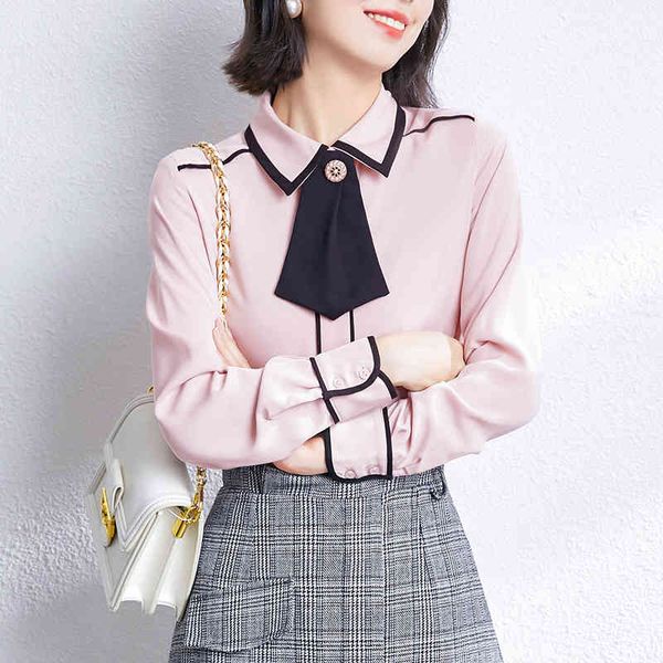 korean silk women shirts satin blouse for bow tie s woman office lady plus size shirt 210427, White 
korean silk women shirts satin blouse for bow tie s woman office lady plus size shirt 210427, White