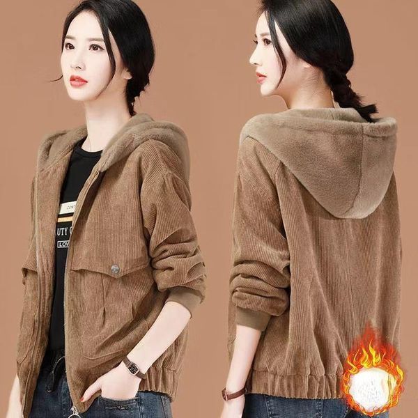 women's jackets warm women corduroy coat winter thick vintage plus size pocket zipper female jacket hooded loose long sleeve lady cloth, Black;brown
women's jackets warm women corduroy coat winter thick vintage plus size pocket zipper female jacket hooded loose long sleeve lady cloth, Black;brown