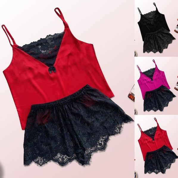 bras sets women lingerie satin lace v-neck camisole bowknot shorts set hollow perspective sling sleepwear pajamas, Red;black
bras sets women lingerie satin lace v-neck camisole bowknot shorts set hollow perspective sling sleepwear pajamas, Red;black