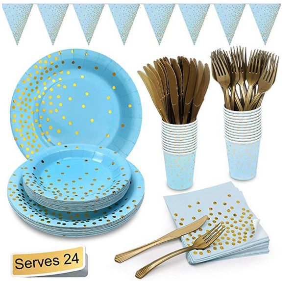 gilded dot blue tableware set meal paper cup tray towel knife, fork and spoon party decoration
gilded dot blue tableware set meal paper cup tray towel knife, fork and spoon party decoration