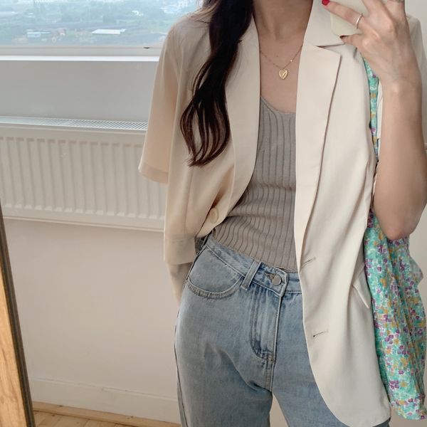 office lady suit collar women blazer solid single breasted jacket summer short sleeve minimalist woman 210421, White;black
office lady suit collar women blazer solid single breasted jacket summer short sleeve minimalist woman 210421, White;black