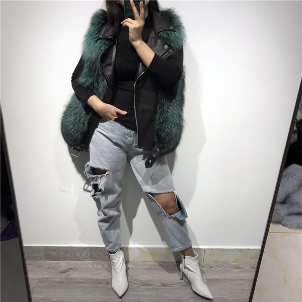 women's fur & faux ladies gilet vest natural real, Black