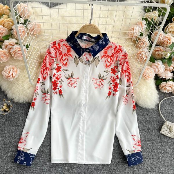 women's blouses & shirts spring autumn blouse french retro lapel contrast print long-sleeved slim loose casual female de415, White
women's blouses & shirts spring autumn blouse french retro lapel contrast print long-sleeved slim loose casual female de415, White
