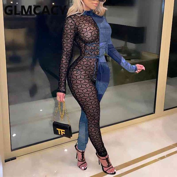 women long sleeve mesh patchwork slim jumpsuits faux denim printed jumpsuit 210702, Black;white
women long sleeve mesh patchwork slim jumpsuits faux denim printed jumpsuit 210702, Black;white