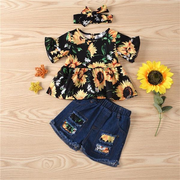three piece girl\u2021s clothes fresh sunflower short sleeve and ripped denim pants headband clothing sets, White
three piece girl\u2021s clothes fresh sunflower short sleeve and ripped denim pants headband clothing sets, White