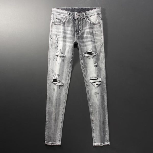 men's jeans fashion streetwear men retro gray elastic slim fit ripped for destroyed designer hip hop punk pants, Blue
men's jeans fashion streetwear men retro gray elastic slim fit ripped for destroyed designer hip hop punk pants, Blue