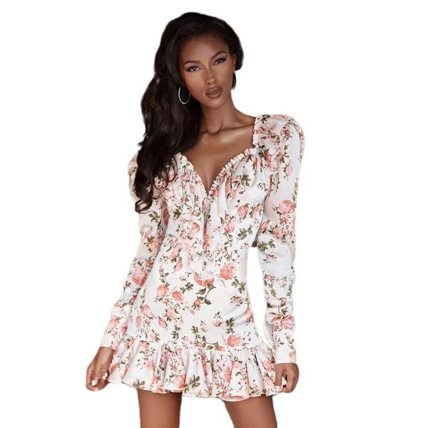 casual dresses autumn spring fashion flower print v neck mini dress women patchwork long sleeve ruched short pink bodycon, Black;gray 
casual dresses autumn spring fashion flower print v neck mini dress women patchwork long sleeve ruched short pink bodycon, Black;gray