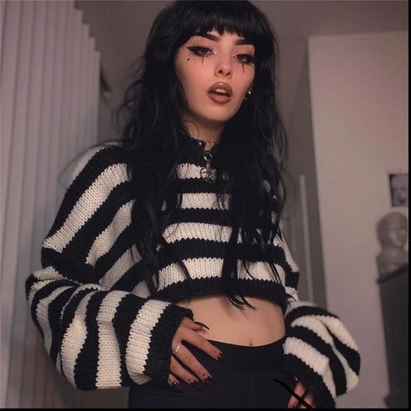 long sleeve black white womens sweaters stripe harajuku casual sweater women gothic punk o neck crop pullovers streetwear outwear, White;black 
long sleeve black white womens sweaters stripe harajuku casual sweater women gothic punk o neck crop pullovers streetwear outwear, White;black
