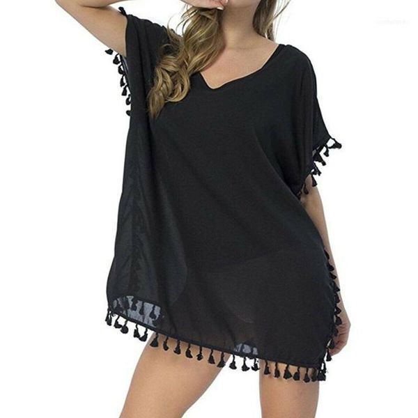 women's swimwear 2021 summer women chiffon bikini cover up bathing suit beach tassel mini dress1, White;black
women's swimwear 2021 summer women chiffon bikini cover up bathing suit beach tassel mini dress1, White;black