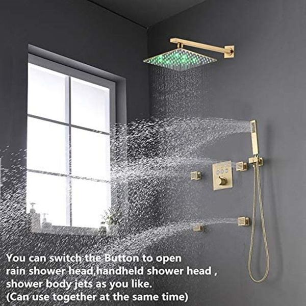 thermostatic brushed gold shower system 12 inch led rainfall head with 4 pcs body sprays mixer set bathroom sets
thermostatic brushed gold shower system 12 inch led rainfall head with 4 pcs body sprays mixer set bathroom sets