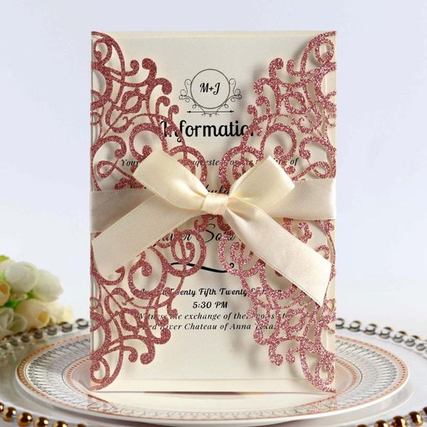 greeting cards rose gold glitter laser cut wedding invitation with ribbon and envelope for engagement baby bridal shower party 100pcs
greeting cards rose gold glitter laser cut wedding invitation with ribbon and envelope for engagement baby bridal shower party 100pcs