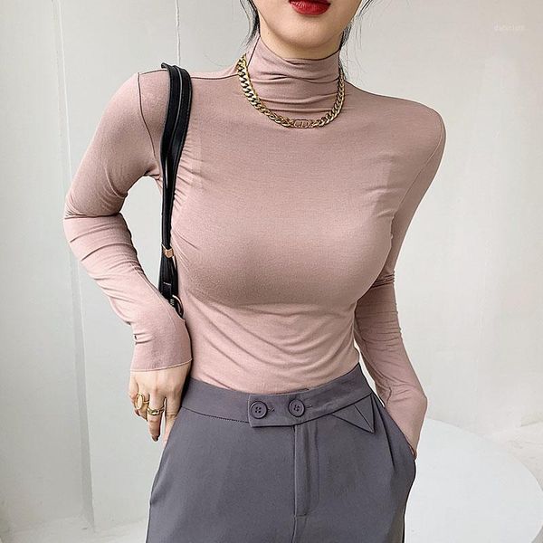 real po 2021 high collar modal base shirt women's long sleeves in autumn winter with solid color slim t-shirt trend, White 
real po 2021 high collar modal base shirt women's long sleeves in autumn winter with solid color slim t-shirt trend, White