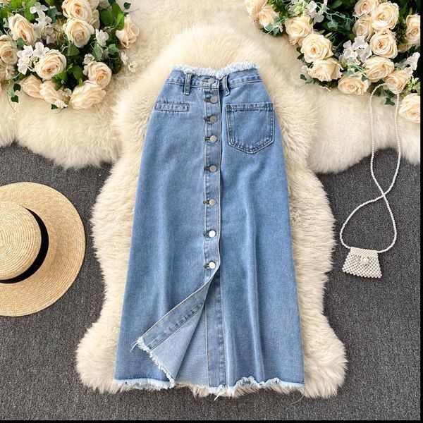 long denim korean fashion womens skirts vintage tassels high waist single breasted a line jeans with pockets, Black
long denim korean fashion womens skirts vintage tassels high waist single breasted a line jeans with pockets, Black
