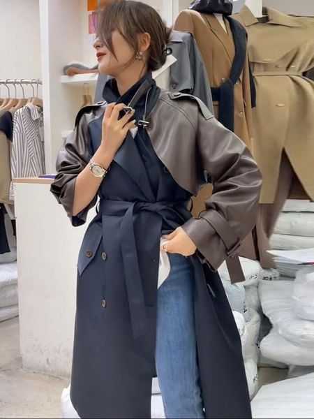 women's trench coats womens lapel pu faux leather patchwork jacket stylish double-breasted suit coat fall winter outerwears, Tan;black
women's trench coats womens lapel pu faux leather patchwork jacket stylish double-breasted suit coat fall winter outerwears, Tan;black