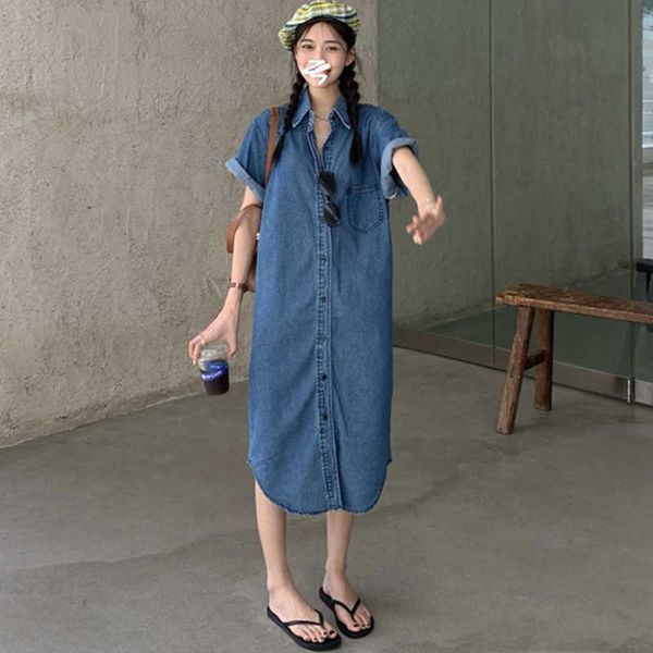 women's t-shirt long denim shirt women summer korean fashion turn-down collar short sleeve button up jeans midi robe longue ete mm, White
women's t-shirt long denim shirt women summer korean fashion turn-down collar short sleeve button up jeans midi robe longue ete mm, White