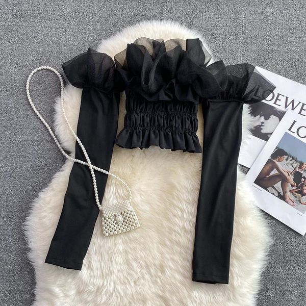 women's blouses & shirts summer black mesh party blouse women slash neck ruffle long sleeve short shirt female club strapless 2021, White
women's blouses & shirts summer black mesh party blouse women slash neck ruffle long sleeve short shirt female club strapless 2021, White