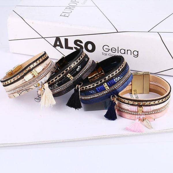 link, chain colorful leather bangles&bracelets for women magnetic-clasp weave multi-layer bracelet tassel leaf pendant ethnic jewelry 2021, Black
link, chain colorful leather bangles&bracelets for women magnetic-clasp weave multi-layer bracelet tassel leaf pendant ethnic jewelry 2021, Black