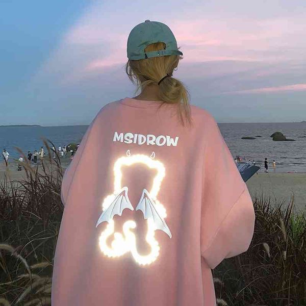 autumn new korean fashion ins style hip hop cartoon bear luminous printing hooded loose coat sweater women's wear, Black