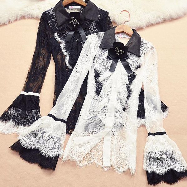women's blouses & shirts women sweet lace black bell sleeve transparent long blouse female slim hollow out stylish blusas, White
women's blouses & shirts women sweet lace black bell sleeve transparent long blouse female slim hollow out stylish blusas, White