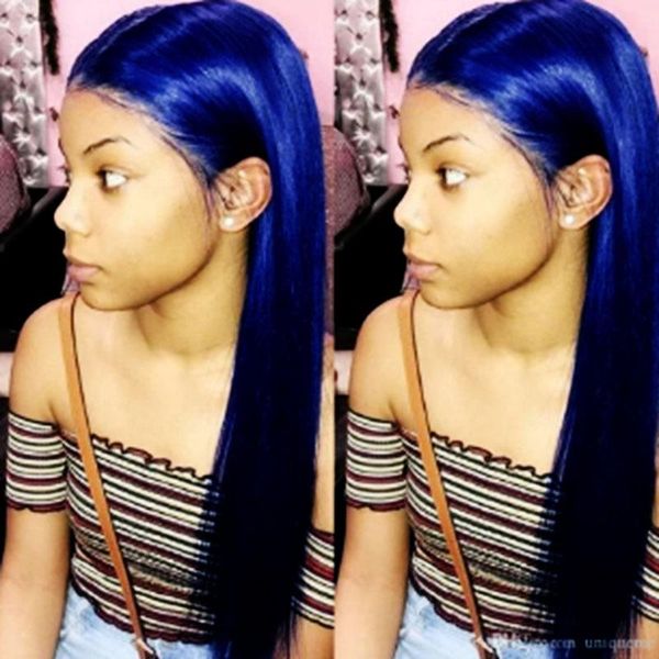 synthetic wigs bright blue lace front wig long straight hair high temperature fiber cosplay party for women, Black