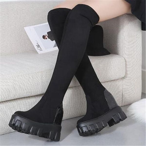 boots winter over the knee women platform thigh fashion long booties wedge high heels slip on elastic flock motorcycle, Black
boots winter over the knee women platform thigh fashion long booties wedge high heels slip on elastic flock motorcycle, Black
