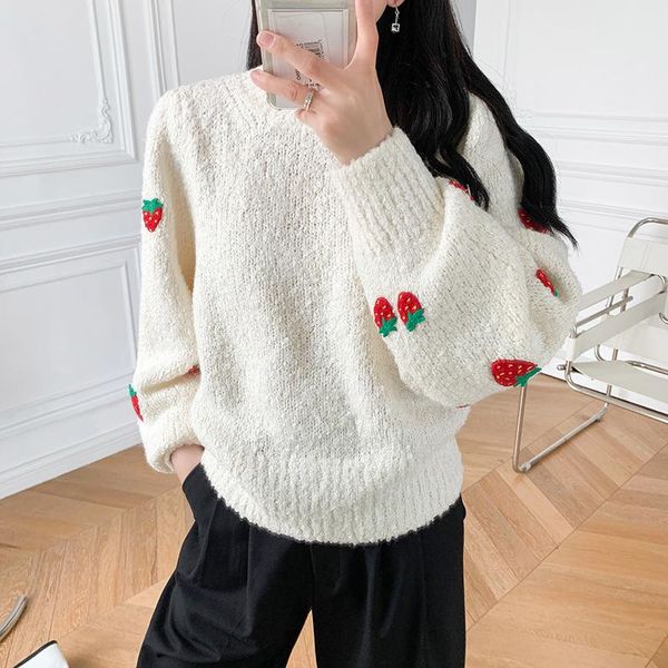 women's sweaters women sweater 2021 autumn strawberry embroidered white round neck long sleeve knitted, White;black
women's sweaters women sweater 2021 autumn strawberry embroidered white round neck long sleeve knitted, White;black