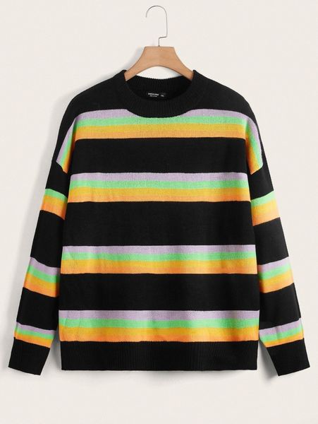 plus block striped pattern drop shoulder sweater l2qc#, Black