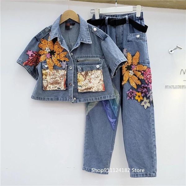 women's two piece pants 2021 tide brand summer design sense niche heavy industry stitching jeans suit short-sleeved denim jacket two-pi, White
women's two piece pants 2021 tide brand summer design sense niche heavy industry stitching jeans suit short-sleeved denim jacket two-pi, White