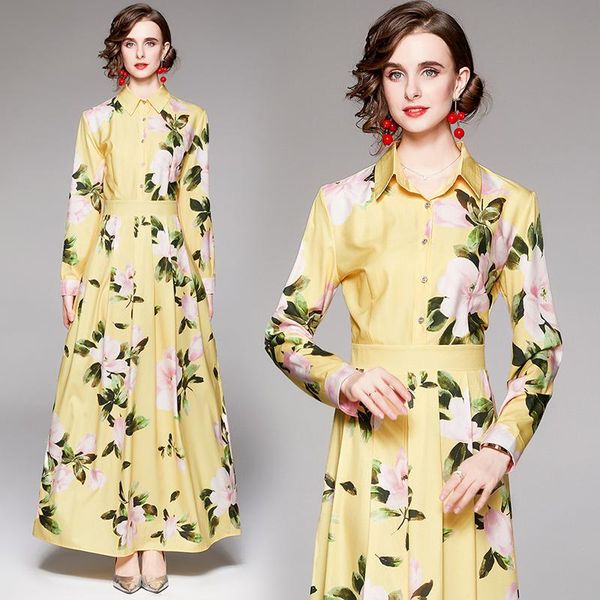 casual dresses long sleeve runway floral maxi dress 2021 women autumn elegant lapel office slim boho pleated party a-line printed frock, Black;gray 
casual dresses long sleeve runway floral maxi dress 2021 women autumn elegant lapel office slim boho pleated party a-line printed frock, Black;gray