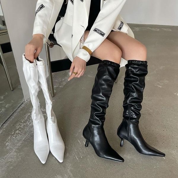 boots autumn 2021 simple style white high fashion with pointed pleated heels, Black
boots autumn 2021 simple style white high fashion with pointed pleated heels, Black