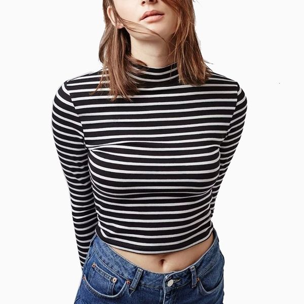 women's basic women black white striped turtleneck short t-shirt crop spring autumn full sleeve casual tee camisas femininas
women's basic women black white striped turtleneck short t-shirt crop spring autumn full sleeve casual tee camisas femininas