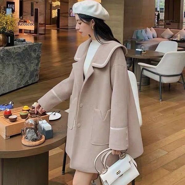 women's wool & blends women elegant long big pocket coats solid sailor collar loose little guy jackets all-match sleeve female lovely, Black
women's wool & blends women elegant long big pocket coats solid sailor collar loose little guy jackets all-match sleeve female lovely, Black