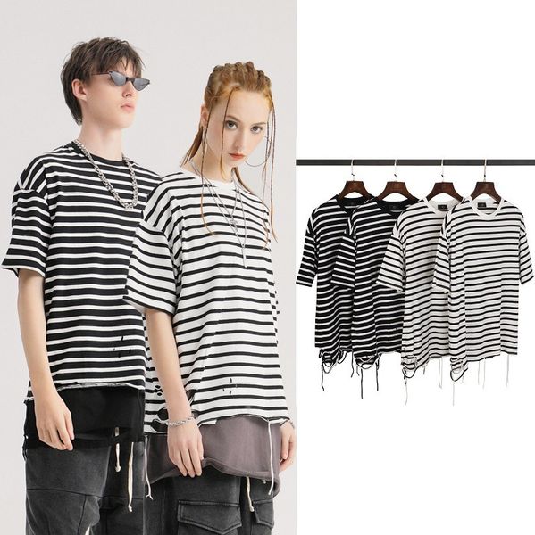 high street fashion brand stripe dark irregular cut men and women lovers short sleeve bottomed t-shirt fashion, White;black
high street fashion brand stripe dark irregular cut men and women lovers short sleeve bottomed t-shirt fashion, White;black