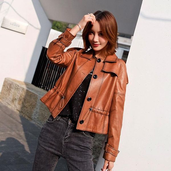 women's jackets haining leather short 2021 spring and autumn sheep skin locomotive small coat waist closed korean loose jacket, Black;brown 
women's jackets haining leather short 2021 spring and autumn sheep skin locomotive small coat waist closed korean loose jacket, Black;brown