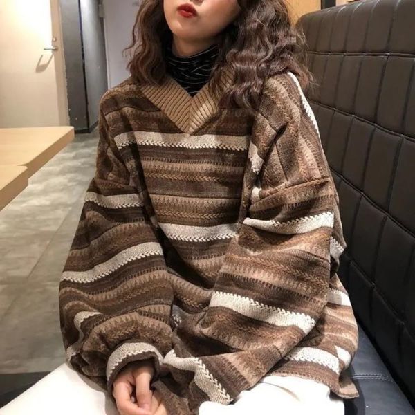women's sweaters brown knitted women casual v neck pullover stripe sweater autumn winter retro jumper woman harajuku oversized knitwear, White;black
women's sweaters brown knitted women casual v neck pullover stripe sweater autumn winter retro jumper woman harajuku oversized knitwear, White;black