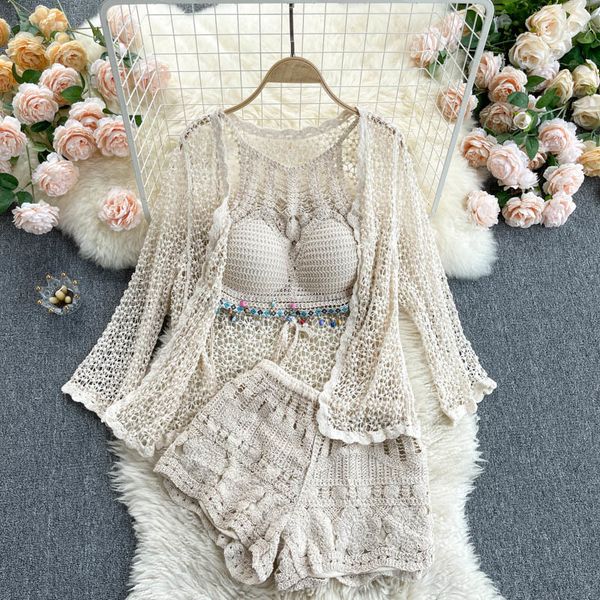 women's tracksuits vacation style women's retro lace hollow crocheted camisole high waist shorts + three-piece coat swimsuit shb9, Gray
women's tracksuits vacation style women's retro lace hollow crocheted camisole high waist shorts + three-piece coat swimsuit shb9, Gray