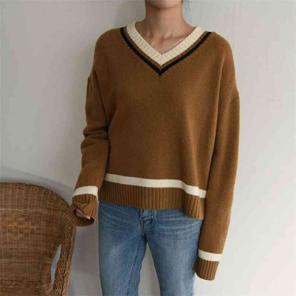 women's autumn and winter sweater korean version of the loose v-neck pullover contrast color knitted pl202 210506, White;black
women's autumn and winter sweater korean version of the loose v-neck pullover contrast color knitted pl202 210506, White;black