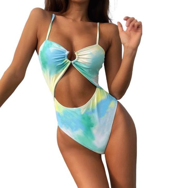 women's swimwear swimsuit sleeveless cut out ring front tie dye print monokini, White;black
women's swimwear swimsuit sleeveless cut out ring front tie dye print monokini, White;black