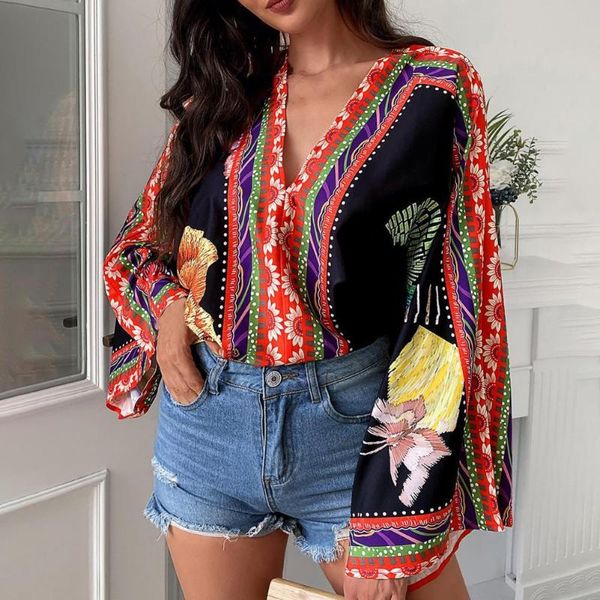 women's blouses & shirts tropical print bohemia pullover women loose blouse autumn batwing sleeve v-neck for casual streetwear, White
women's blouses & shirts tropical print bohemia pullover women loose blouse autumn batwing sleeve v-neck for casual streetwear, White