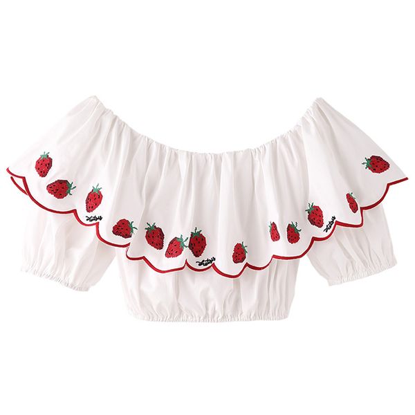 women white strawberry embroidery slash neck shirt sweet strapless short sleeve ruffle blouse b0847 210514
women white strawberry embroidery slash neck shirt sweet strapless short sleeve ruffle blouse b0847 210514
