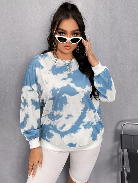 plus tie dye drop shoulder pullover q1q8#, Black