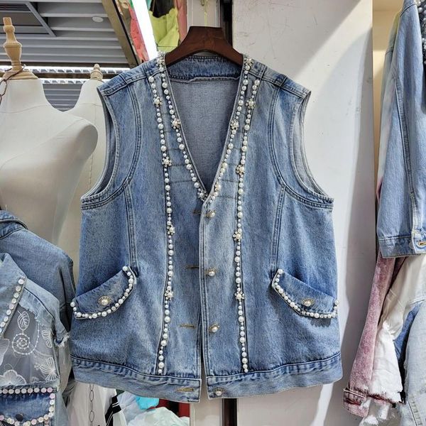 women's vests heavy work v-neck beaded pearl women denim vest jacket spring casual streetwear single-breasted loose blue waistcoat vest, Black;white
women's vests heavy work v-neck beaded pearl women denim vest jacket spring casual streetwear single-breasted loose blue waistcoat vest, Black;white