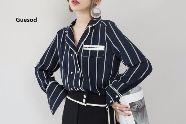 women's blouses & shirts guesod 2021 women blouse striped female autumn korean office lady turn-down collar double-breasted loose look, White