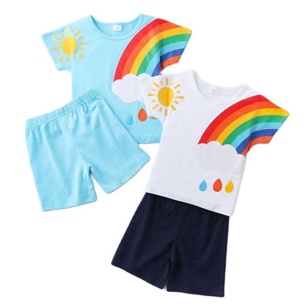 clothing sets boys clothes summer rainbow sun cloud 2pcs suit for girls sunshine short sleeve + shorts kids boutique wholesale, White 
clothing sets boys clothes summer rainbow sun cloud 2pcs suit for girls sunshine short sleeve + shorts kids boutique wholesale, White